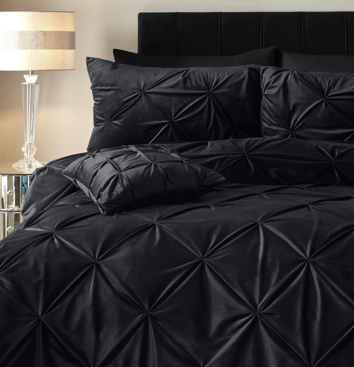 Velvet Duvet Cover Set Pintuck | Black | Double - 200cm (W) x 220cm (L) - The Bedding & Blankets Store