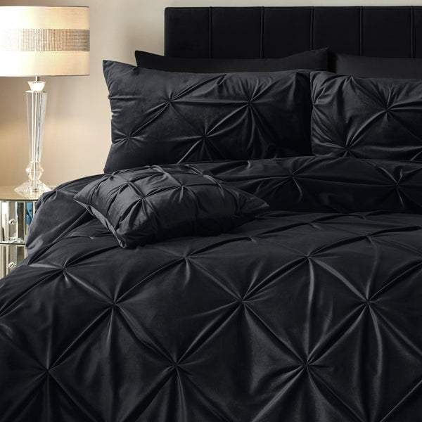 Velvet Duvet Cover Set Pintuck | Black | Double - 200cm (W) x 220cm (L) - The Bedding & Blankets Store