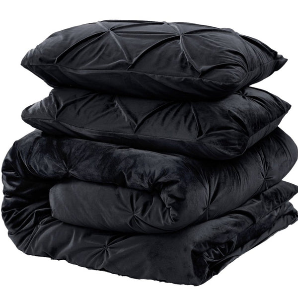 Velvet Duvet Cover Set Pintuck | Black | Double - 200cm (W) x 220cm (L) - The Bedding & Blankets Store