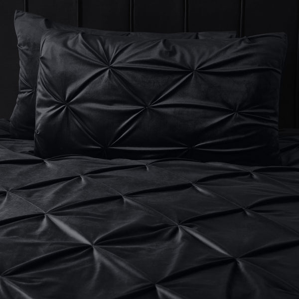 Velvet Duvet Cover Set Pintuck | Black | Double - 200cm (W) x 220cm (L) - The Bedding & Blankets Store