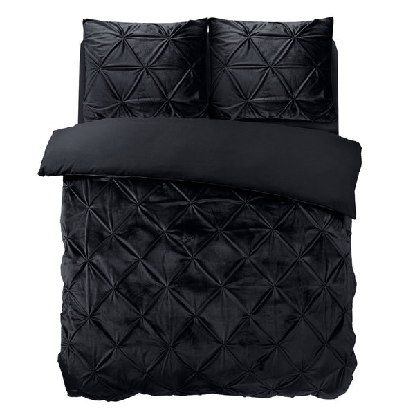 Velvet Duvet Cover Set Pintuck | Black | Double - 200cm (W) x 220cm (L) - The Bedding & Blankets Store