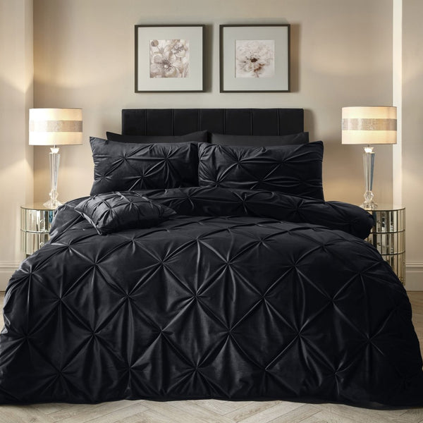 Velvet Duvet Cover Set Pintuck | Black | Single - 140cm (W) x 220cm (L) - The Bedding & Blankets Store