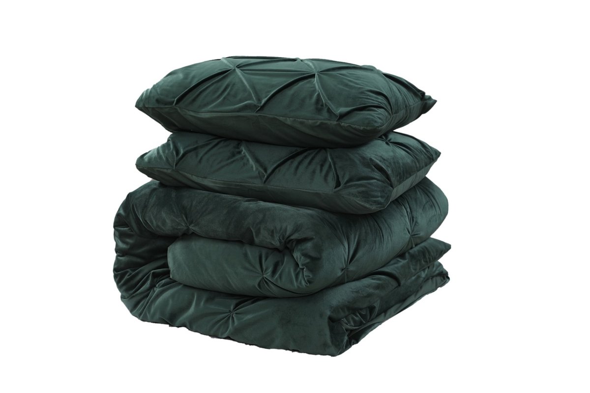 Velvet Duvet Cover Set Pintuck | Green | Double - 200cm (W) x 220cm (L) - The Bedding & Blankets Store