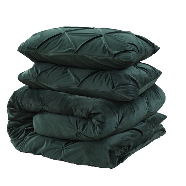 Velvet Duvet Cover Set Pintuck | Green | Double - 200cm (W) x 220cm (L) - The Bedding & Blankets Store