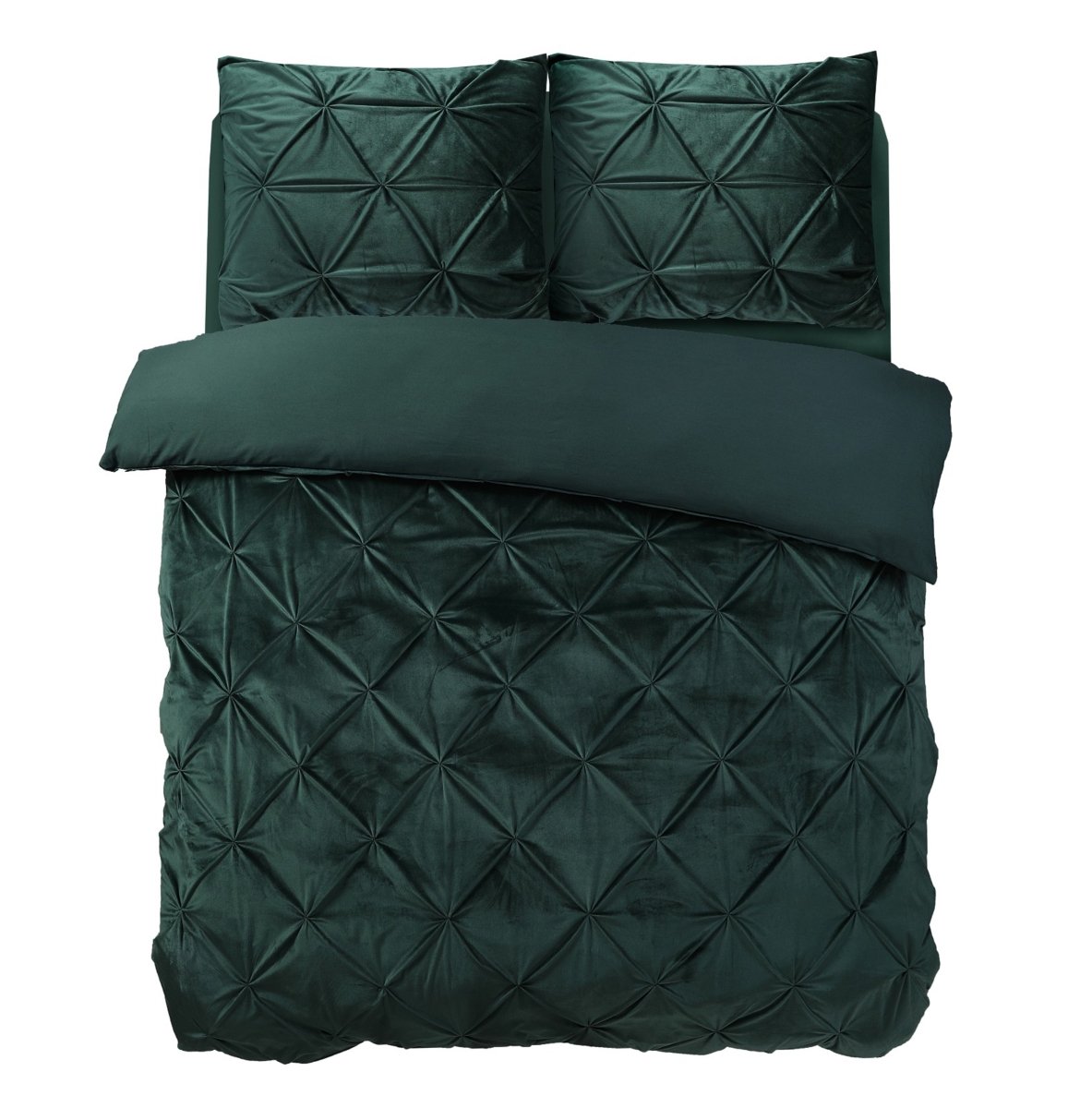 Velvet Duvet Cover Set Pintuck | Green | Double - 200cm (W) x 220cm (L) - The Bedding & Blankets Store