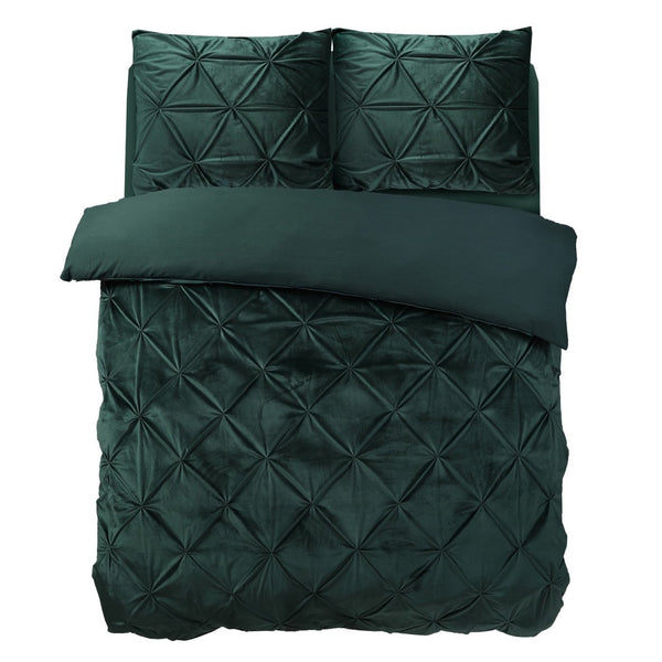 Velvet Duvet Cover Set Pintuck | Green | Double - 200cm (W) x 220cm (L) - The Bedding & Blankets Store