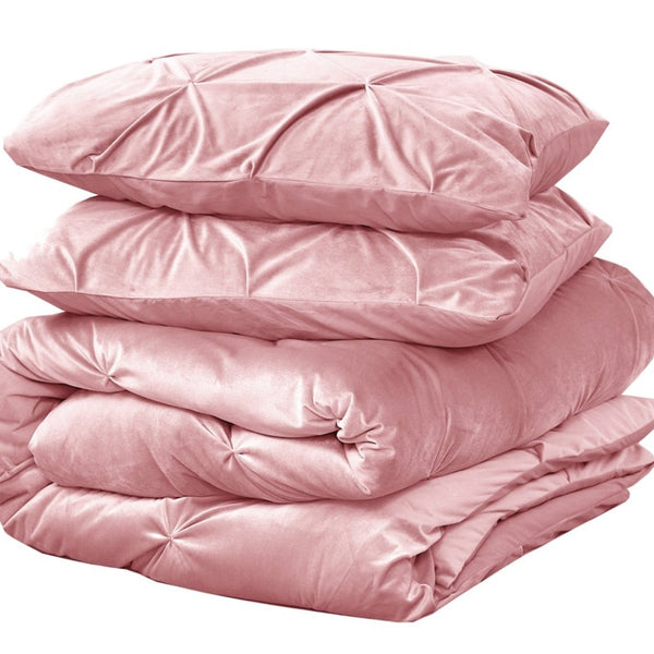 Velvet Duvet Cover Set Pintuck | Pink | Single - 140cm (W) x 220cm (L) - The Bedding & Blankets Store