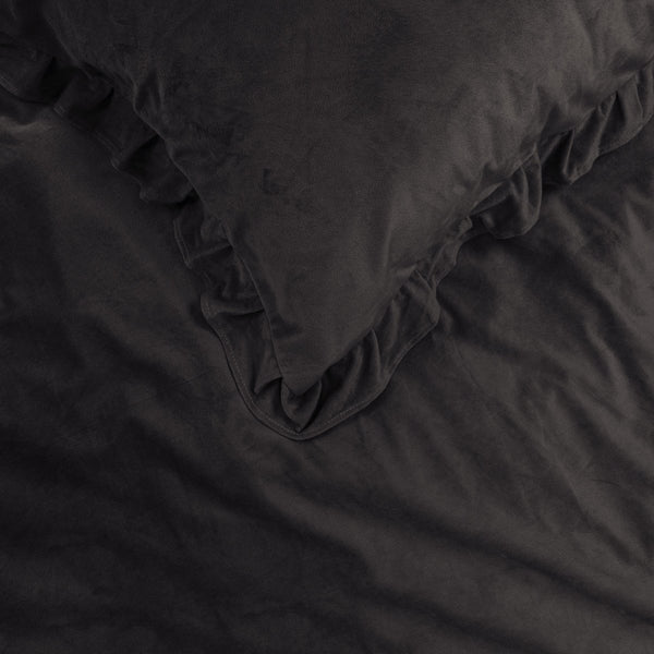 Velvet Duvet Cover Set Ruffles | Black | Double - 200cm (W) x 220cm (L) - The Bedding & Blankets Store
