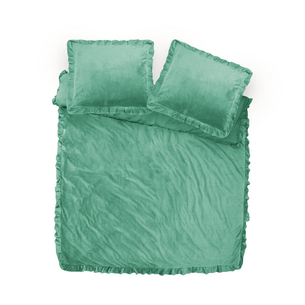 Velvet Duvet Cover Set Ruffles | Green | Double - 200cm (W) x 220cm (L) - The Bedding & Blankets Store