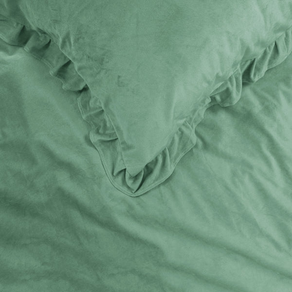 Velvet Duvet Cover Set Ruffles | Green | Double - 200cm (W) x 220cm (L) - The Bedding & Blankets Store