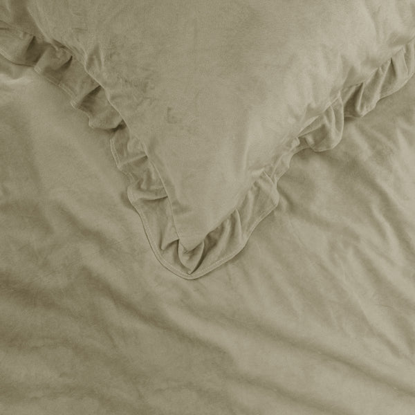 Velvet Duvet Cover Set Ruffles | Taupe | Double - 200cm (W) x 220cm (L) - The Bedding & Blankets Store
