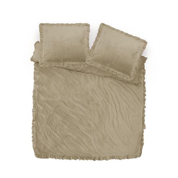 Velvet Duvet Cover Set Ruffles | Taupe | Double - 200cm (W) x 220cm (L) - The Bedding & Blankets Store