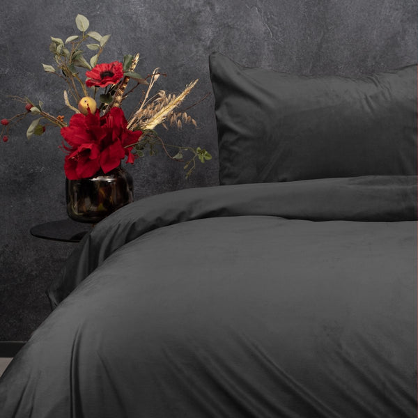 Velvet Duvet Cover Set Solid | Anthracite | Single - 140cm (W) x 220cm (L) - The Bedding & Blankets Store