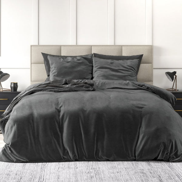 Velvet Duvet Cover Set Solid | Anthracite | Single - 140cm (W) x 220cm (L) - The Bedding & Blankets Store