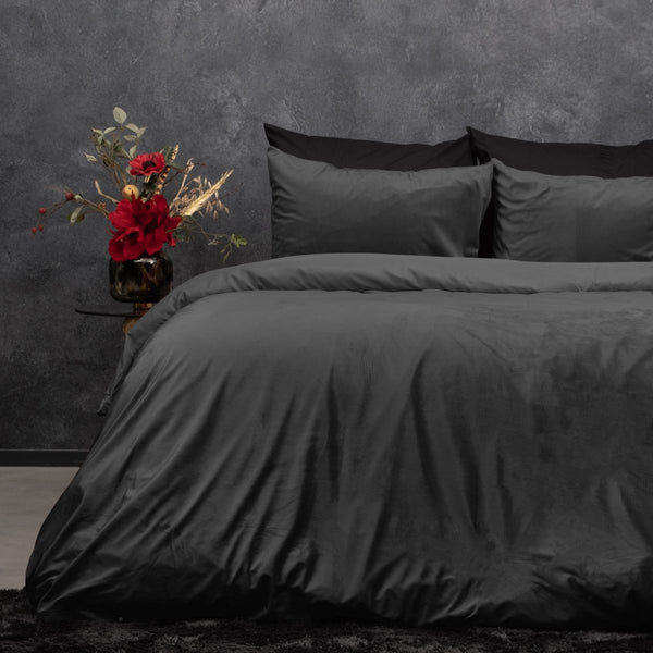 Velvet Duvet Cover Set Solid | Anthracite | Single - 140cm (W) x 220cm (L) - The Bedding & Blankets Store