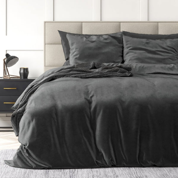 Velvet Duvet Cover Set Solid | Anthracite | Single - 140cm (W) x 220cm (L) - The Bedding & Blankets Store