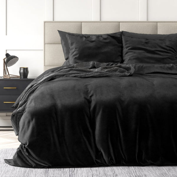 Velvet Duvet Cover Set Solid | Black | Double - 200cm (W) x 220cm (L) - The Bedding & Blankets Store