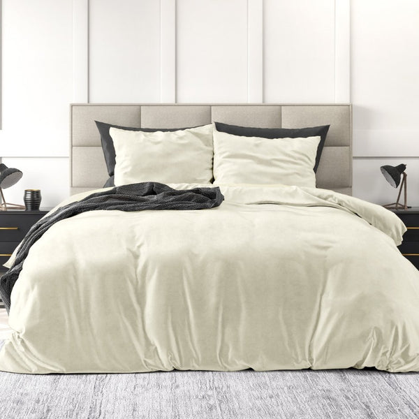 Velvet Duvet Cover Set Solid | Cream | Single - 140cm (W) x 220cm (L) - The Bedding & Blankets Store