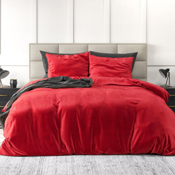 Velvet Duvet Cover Set Solid | Red | Single - 140cm (W) x 220cm (L) - The Bedding & Blankets Store