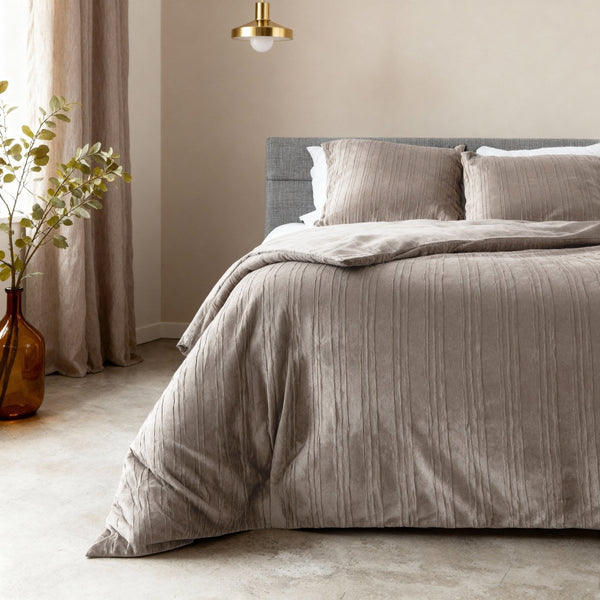 Velvet Duvet Cover Set Velvet Lining | Taupe/Grey | Double - 200cm (W) x 200/220cm (L) - The Bedding & Blankets Store