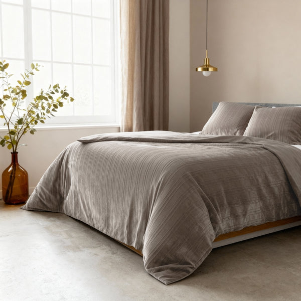 Velvet Duvet Cover Set Velvet Lining | Taupe/Grey | Double - 200cm (W) x 200/220cm (L) - The Bedding & Blankets Store