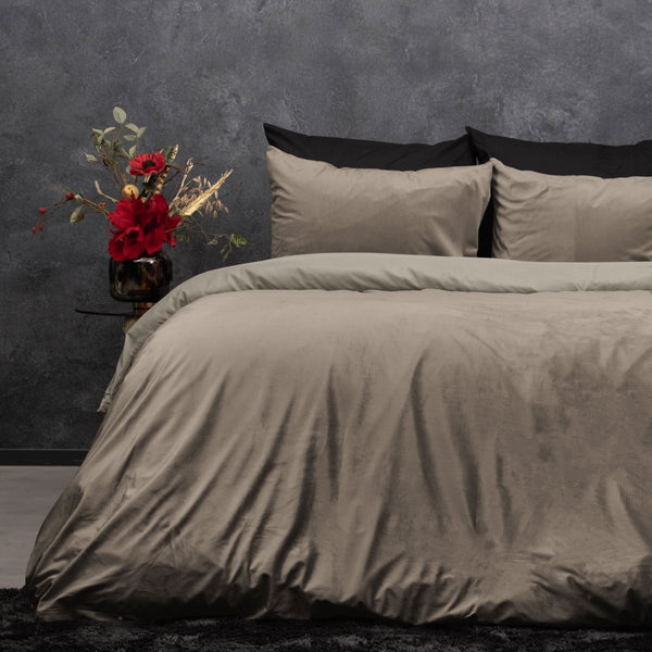 Velvet Duvet Cover Set Velvet Uni | Taupe/Grey | Single - 140cm (W) x 220cm (L) - The Bedding & Blankets Store