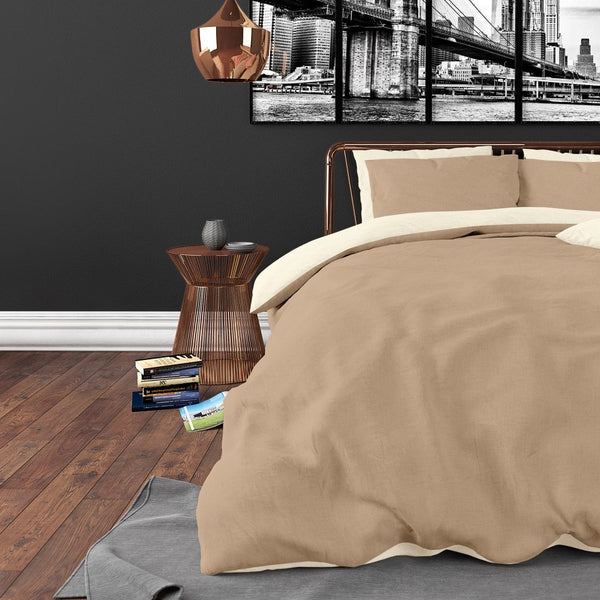 Premium Microfibre Percale Duvet Cover Set Twin Face | Cream/Taupe | Single - 140cm (W) x 220cm (L) - The Bedding & Blankets Store